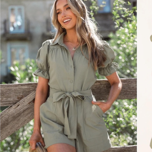 Petal & Pup Riley Waist Tie Romper in Olive Size Small - Picture 1 of 12